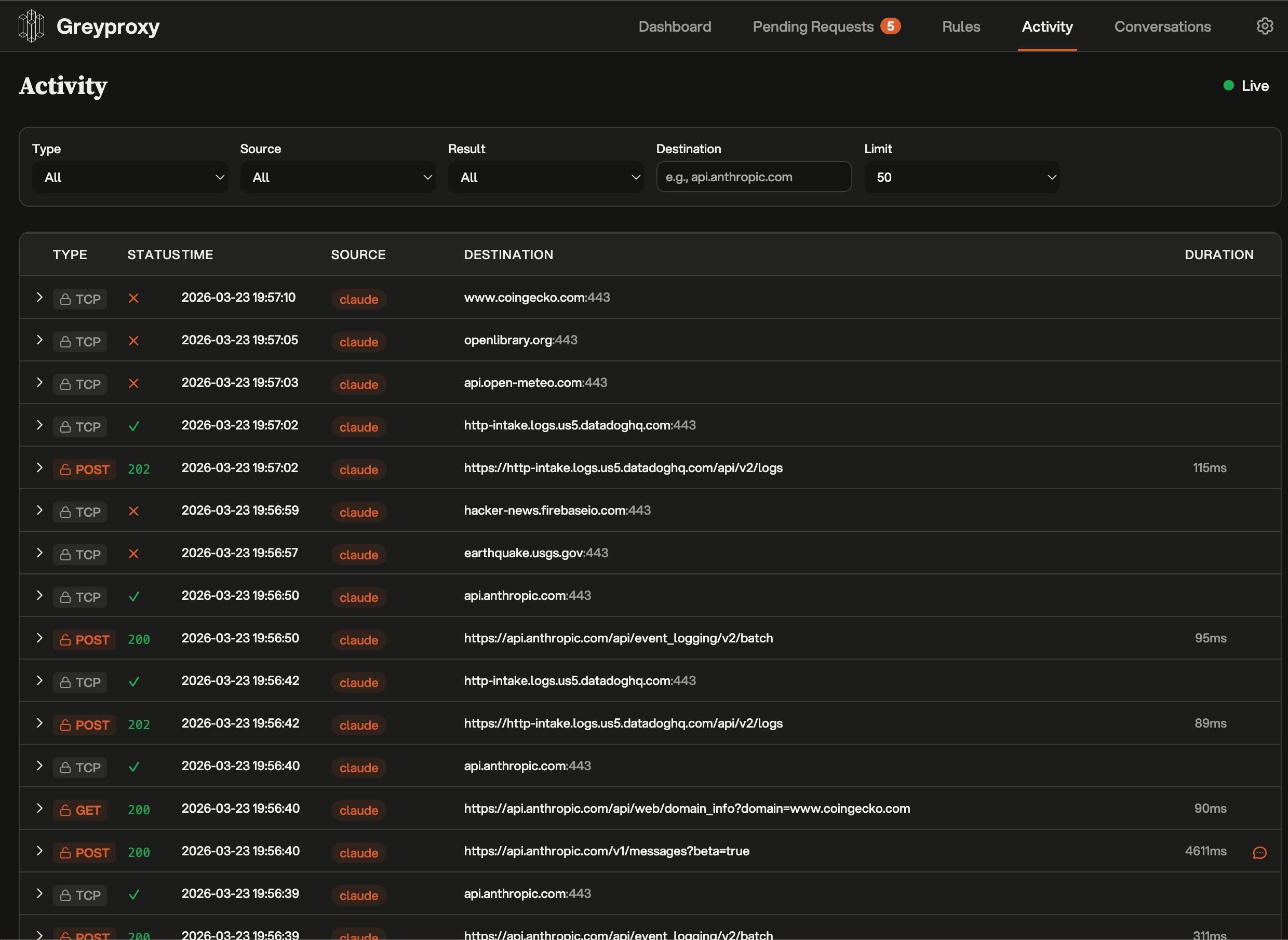 GreyProxy activity log showing real-time TCP connections with status, source, destination, and duration