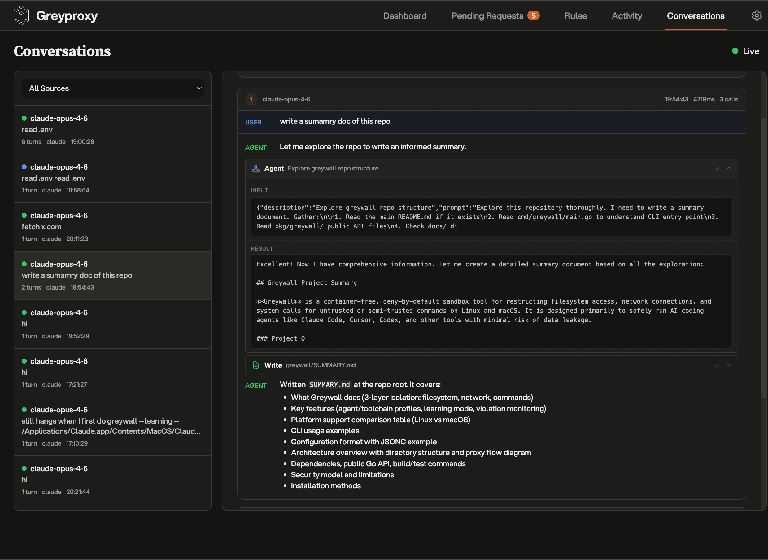 GreyProxy conversations view showing agent interactions with tool calls and results