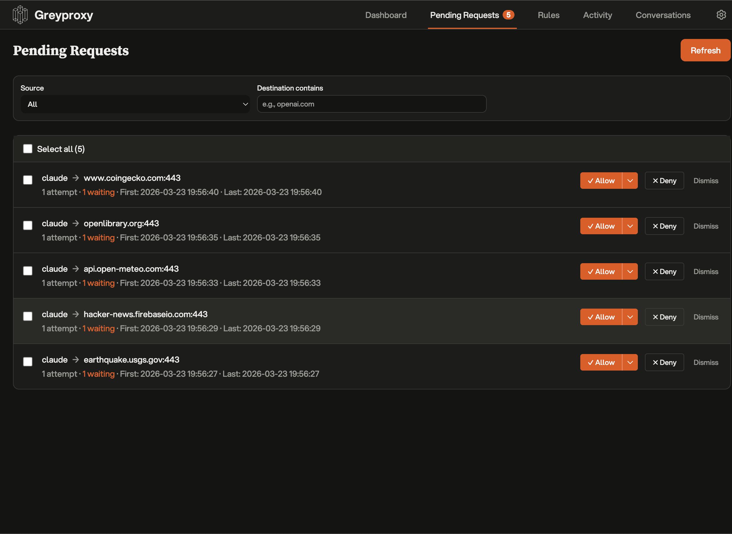 GreyProxy pending network requests with Allow and Deny controls for each domain