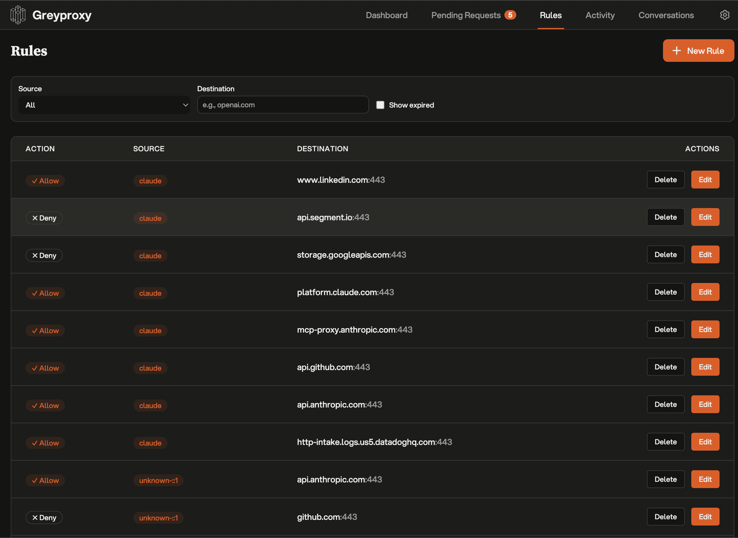 GreyProxy domain rules configuration showing allow and deny policies per source