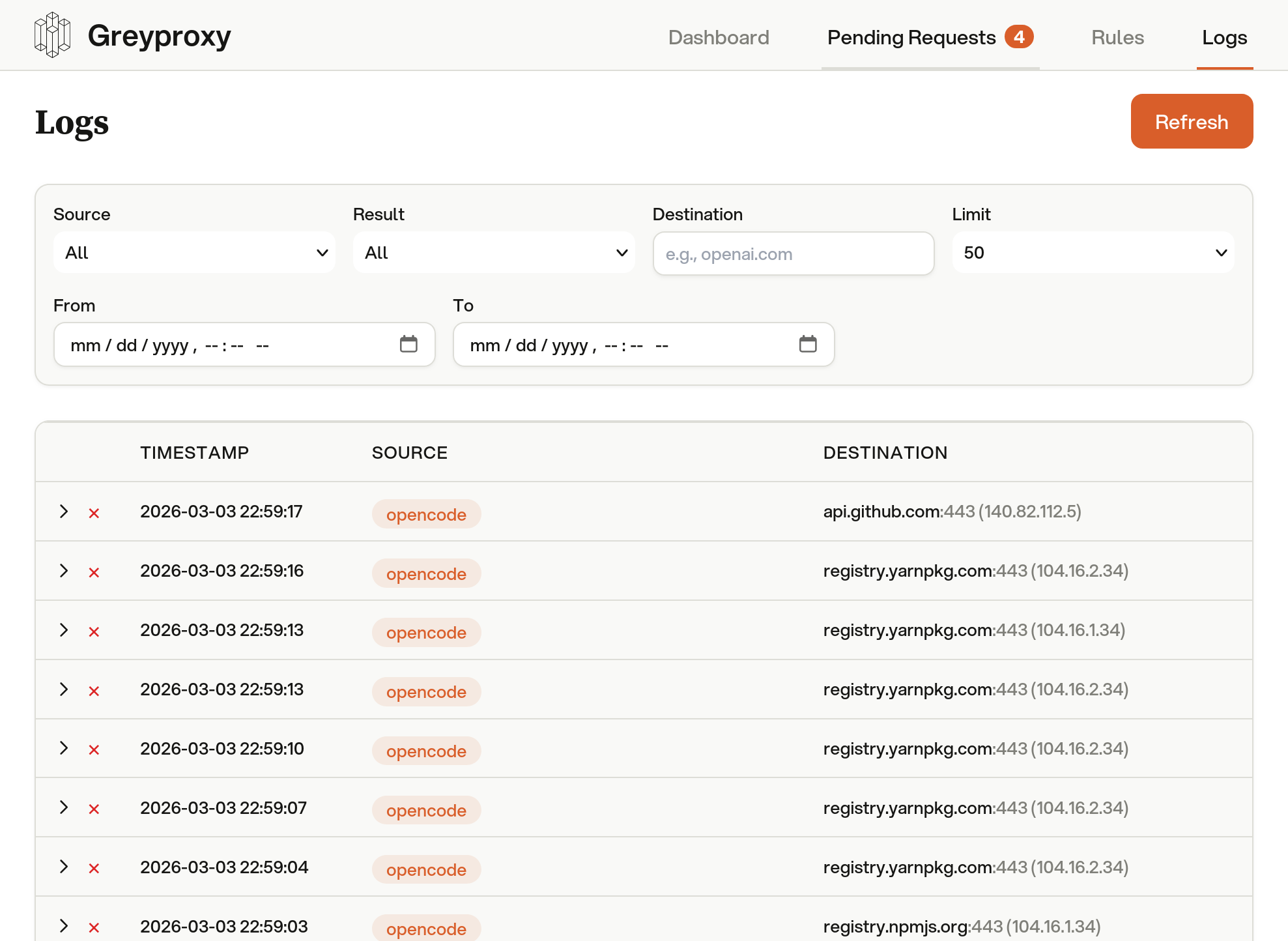 GreyProxy connection logs showing all outbound network activity