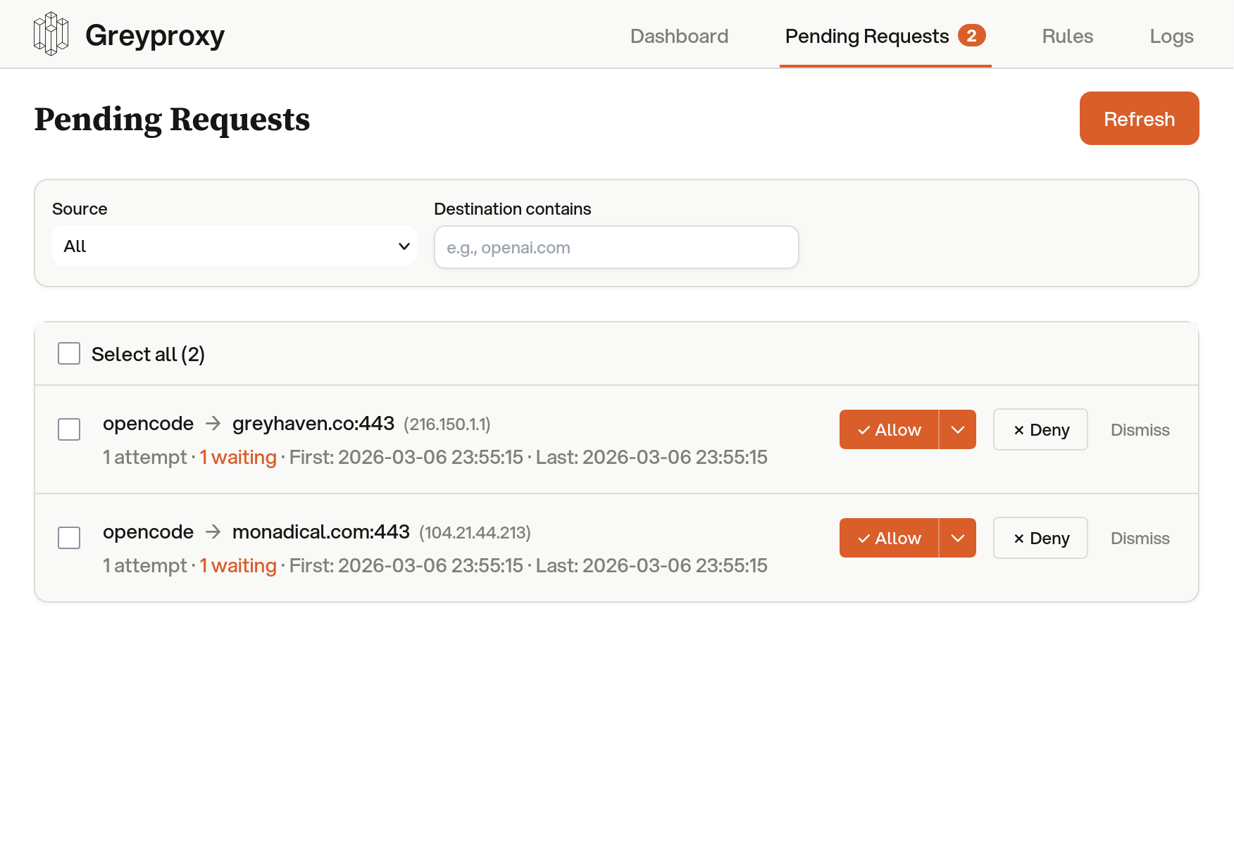 GreyProxy pending network requests with Allow and Deny controls