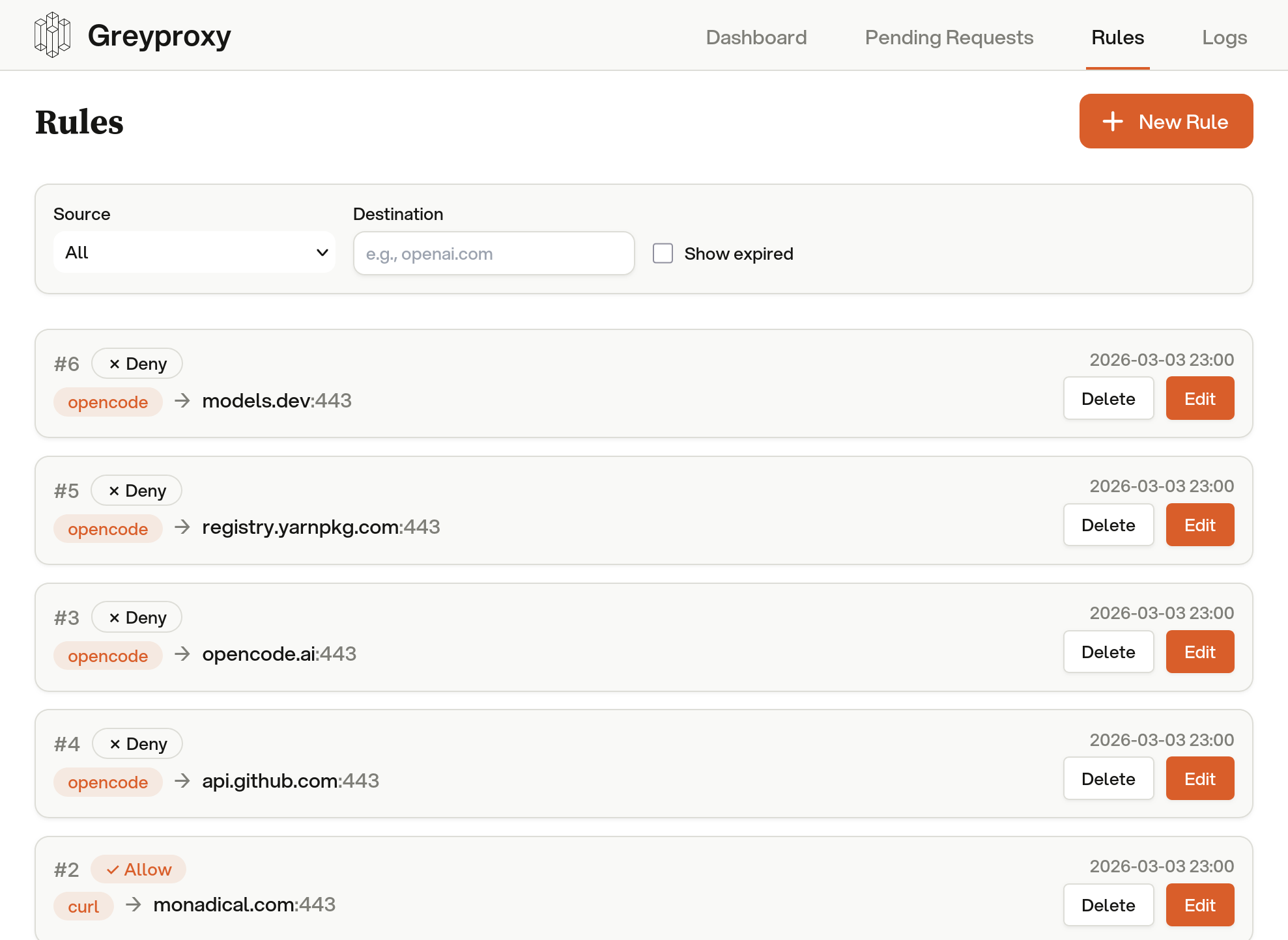 GreyProxy domain rules configuration for allow and deny policies
